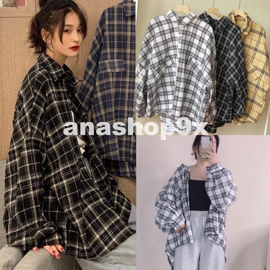 Áo sơ mi nam nữ tay phồng kẻ ô freesize/ Áo sơ mi unisex form rộng ulzzang anashop9x