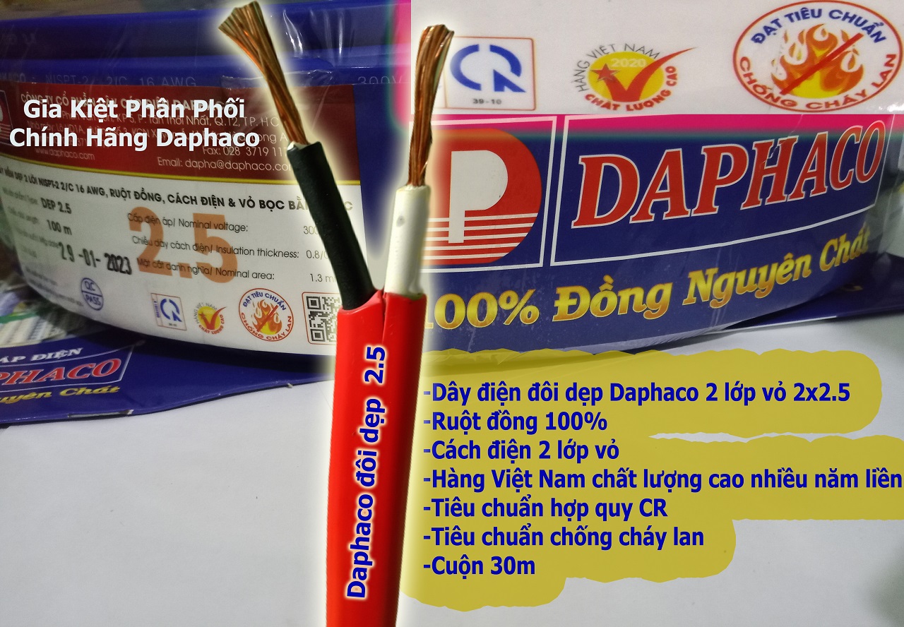 Dây điện đôi dẹp 2 lớp vỏ Daphaco 2.5 - Dây điện đôi Daphaco 2.5 cuộn 30m