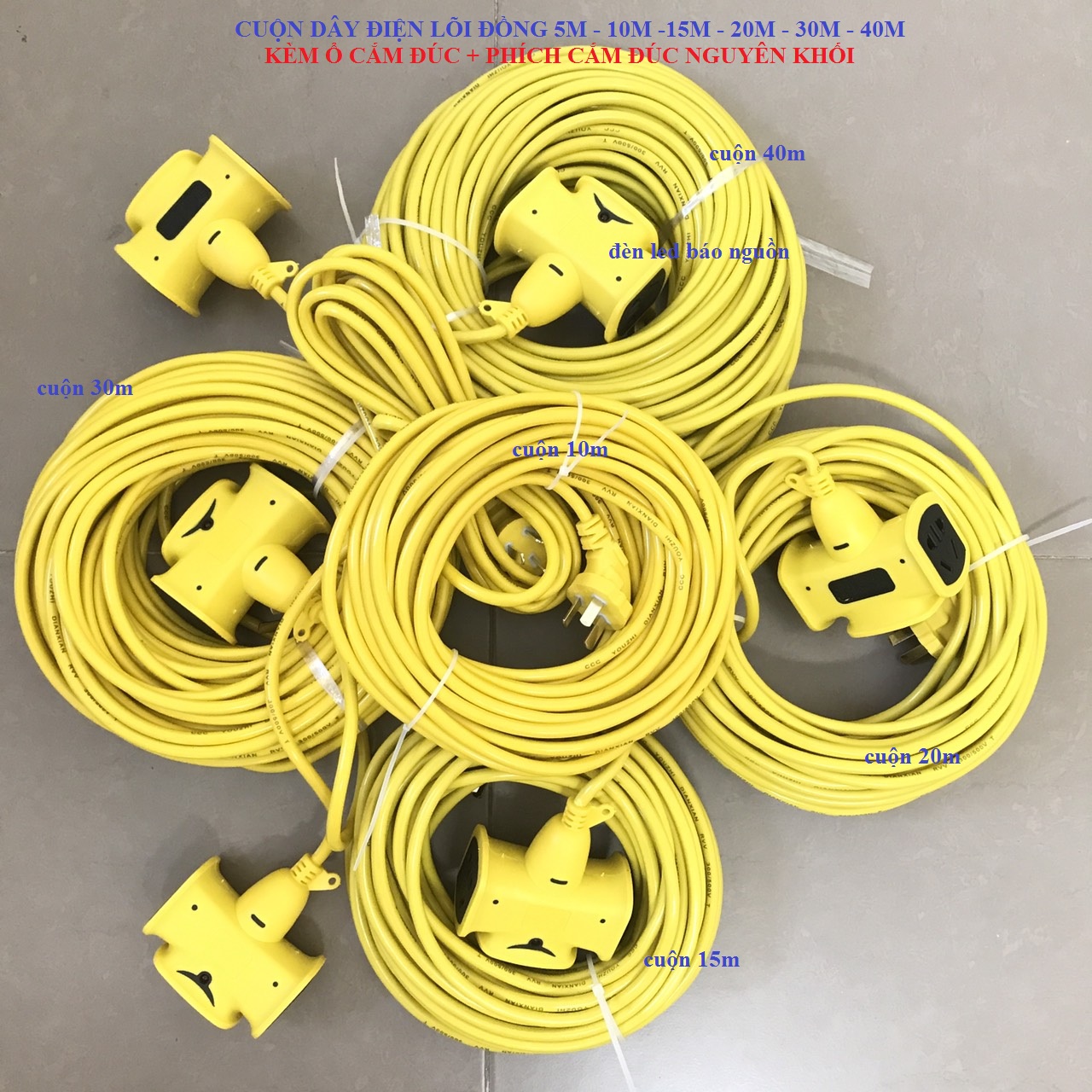 Cuộn dây điện lõi đồng dài 5m -10m -15m-20m-30m-40m dây kèm ổ cắm đúc lõi đồng phích cắm đúc nguyên khối chống võ,chống cháy