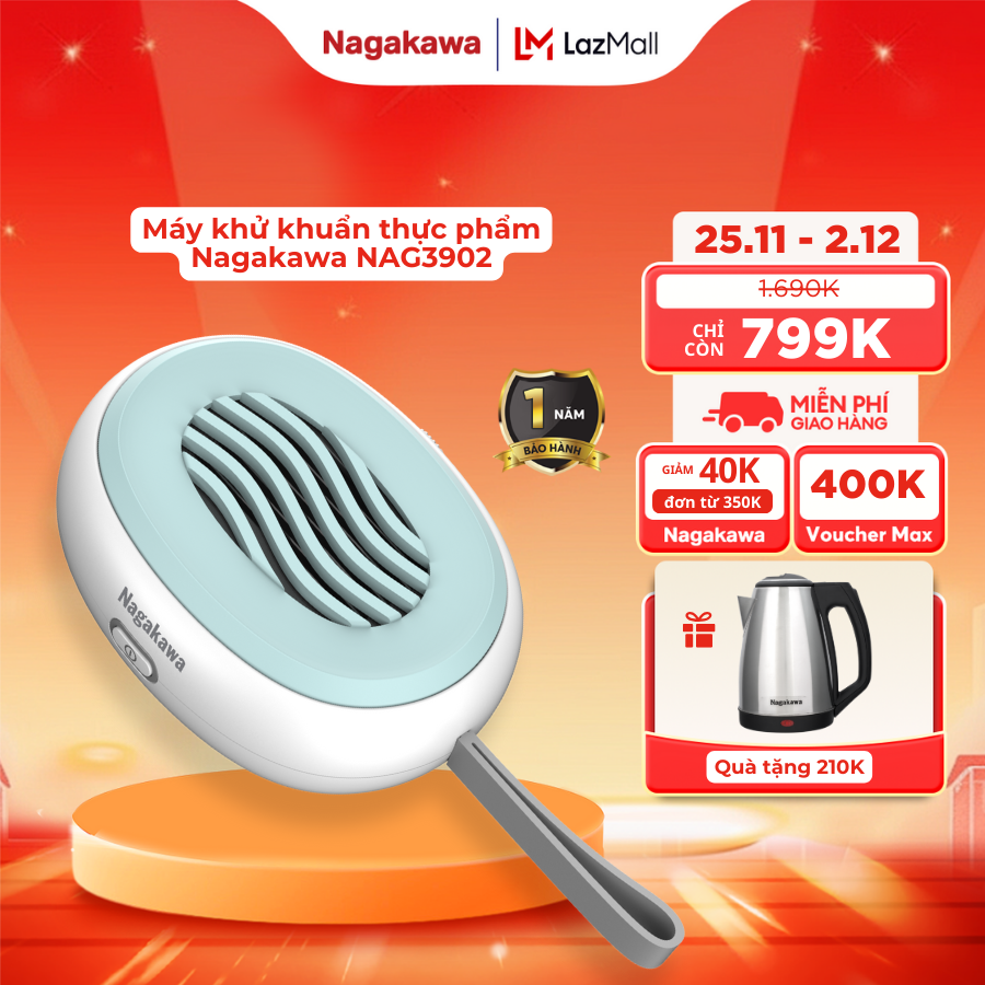  Máy khử khuẩn thực phẩm cầm tay Nagakawa NAG3902 công nghệ Hydroxyl công nghệ IPX7 chống nước bảo vệ thiết bị pin sạc tiện dụng bảo hành 1 năm 