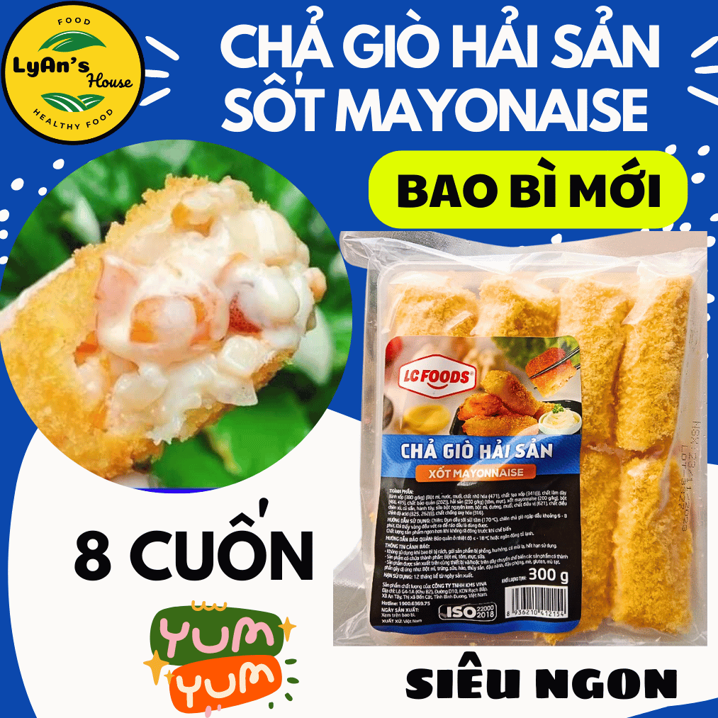 [Hỏa Tốc HCM]CHẢ GIÒ HẢI SẢN MAYONAISE 300g 8 cuốn, thương hiệu Lacusina. Ngon như chả giò Cầu Tre, vỏ làm từ bánh giòn tan, tiện lợi, bảo quản ngăn đông, dễ chế biến, an toàn vệ sinh thực phẩm. Ly House