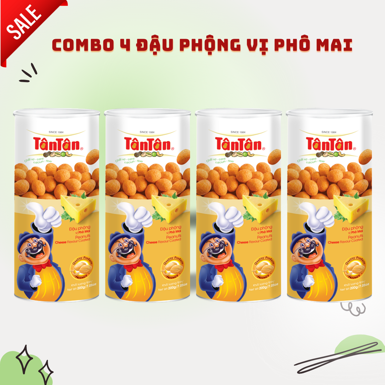 Combo 4 lon đậu phộng vị phô mai tân tân 200g