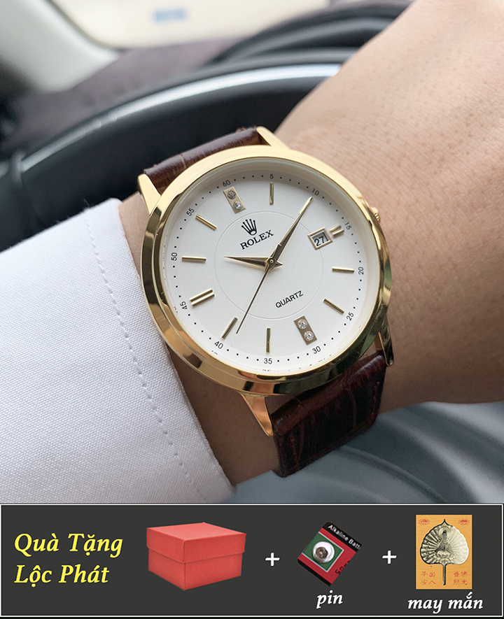 Đồng Hồ Kim Vàng Dây Da Nam Cao Cấp Tặng Pin, Lá Bồ Đề May Mắn Phong Thuỷ
