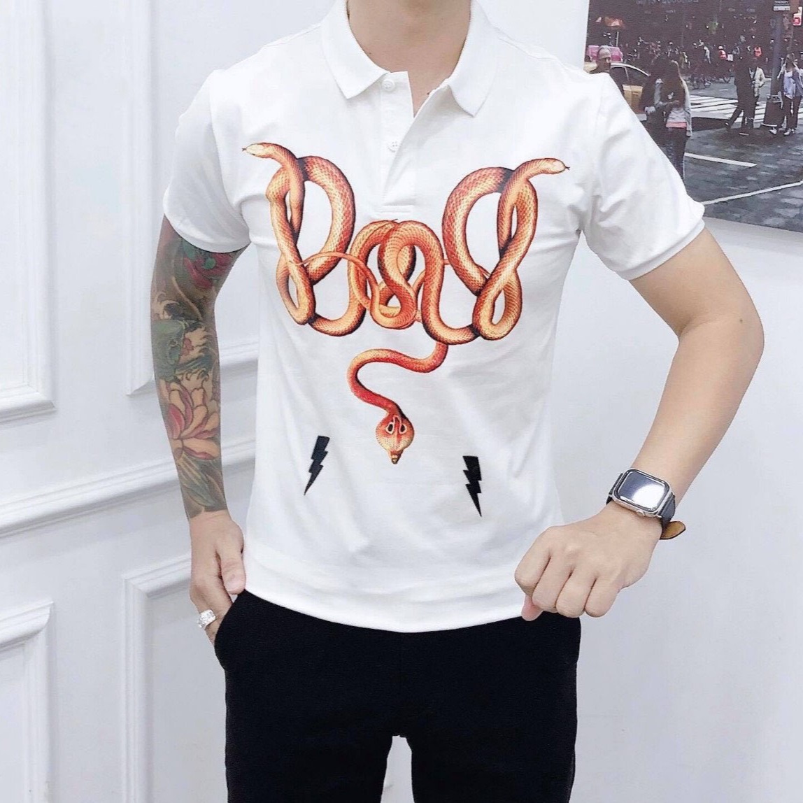 [HCM]Áo Thun Nam Cổ Trụ Áo Polo In Hình Rắn Màu Cam Cá Tính Đăng Cấp Thời Thượng Chất Cotton Co Dãn Không Phai Xù Hàng Y Hình