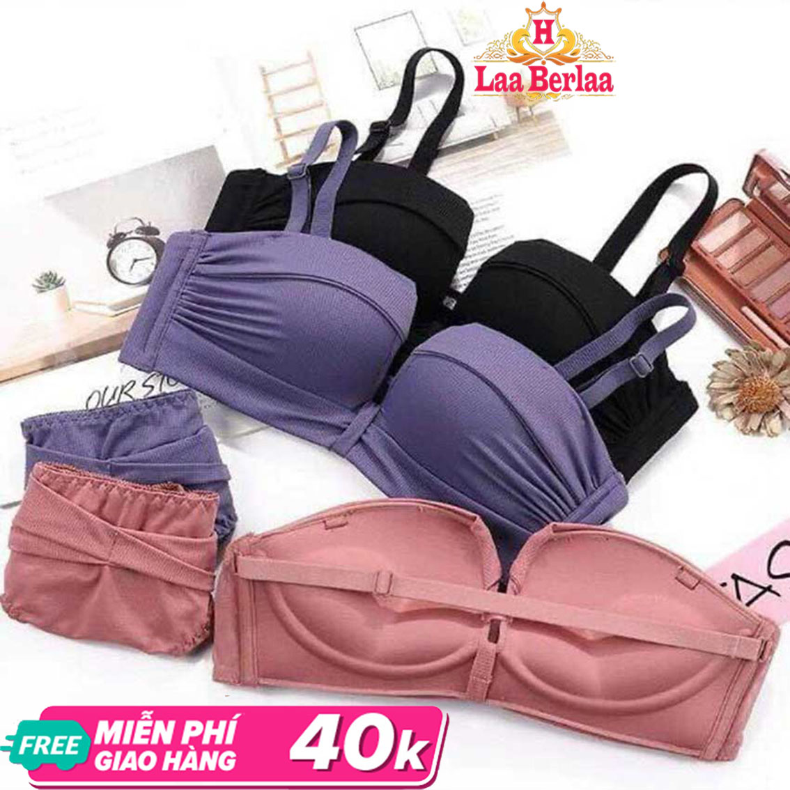 Bộ quần áo lót cúp vuông Laa Berlaa thiết kế cup ngực 4 góc tôn lên đường cong quyến rũ,áo ngực mút kép đệm chất su đúc cao cấp tạo cảm giác thoải mái mềm mịn như làn da thứ 2,hàng cao cấp không lo lộ vành,đáy quần lót may2 lớp