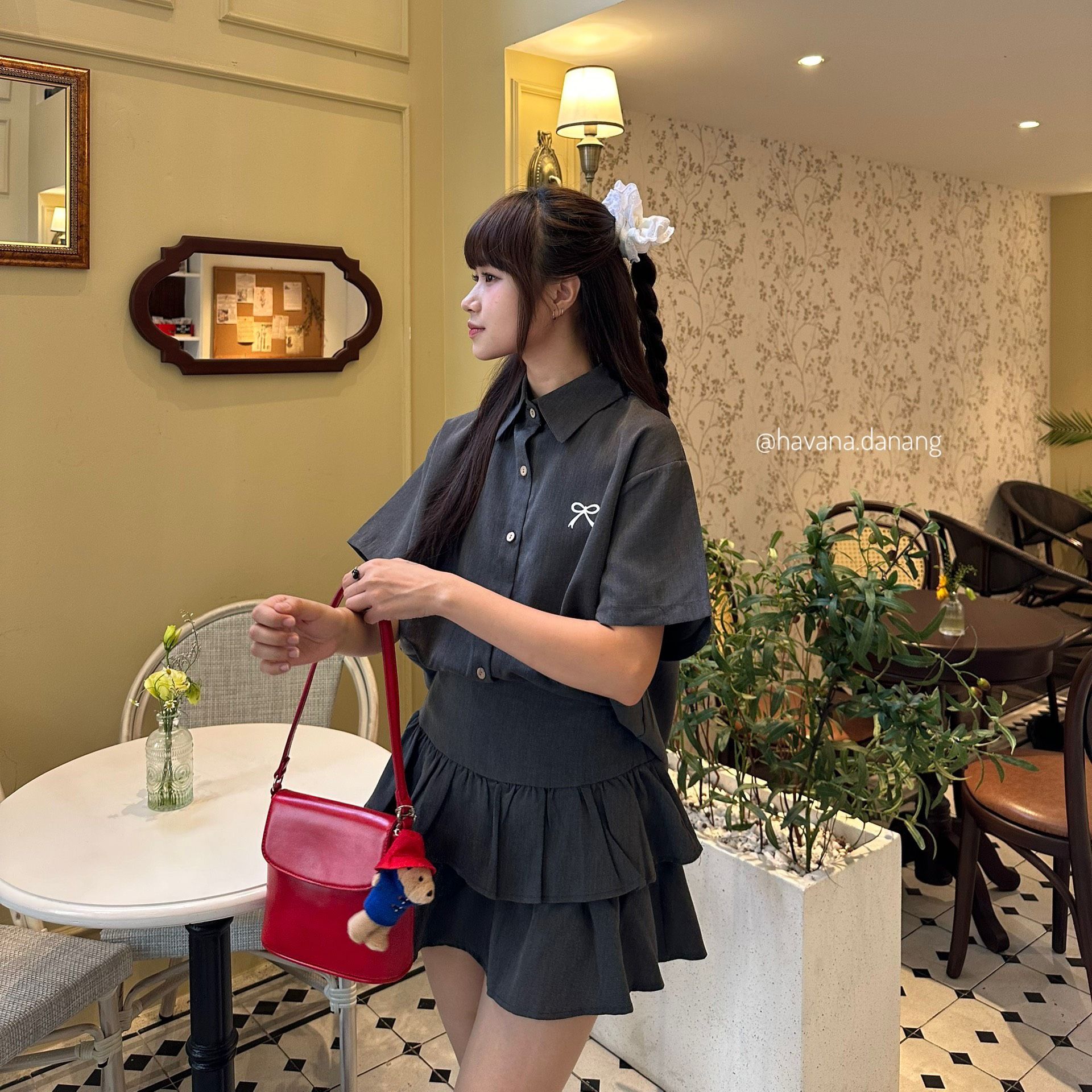 Set áo sơ mi thêu nơ nhỏ kèm chân váy hai tầng hot trend HAVANA SAT228