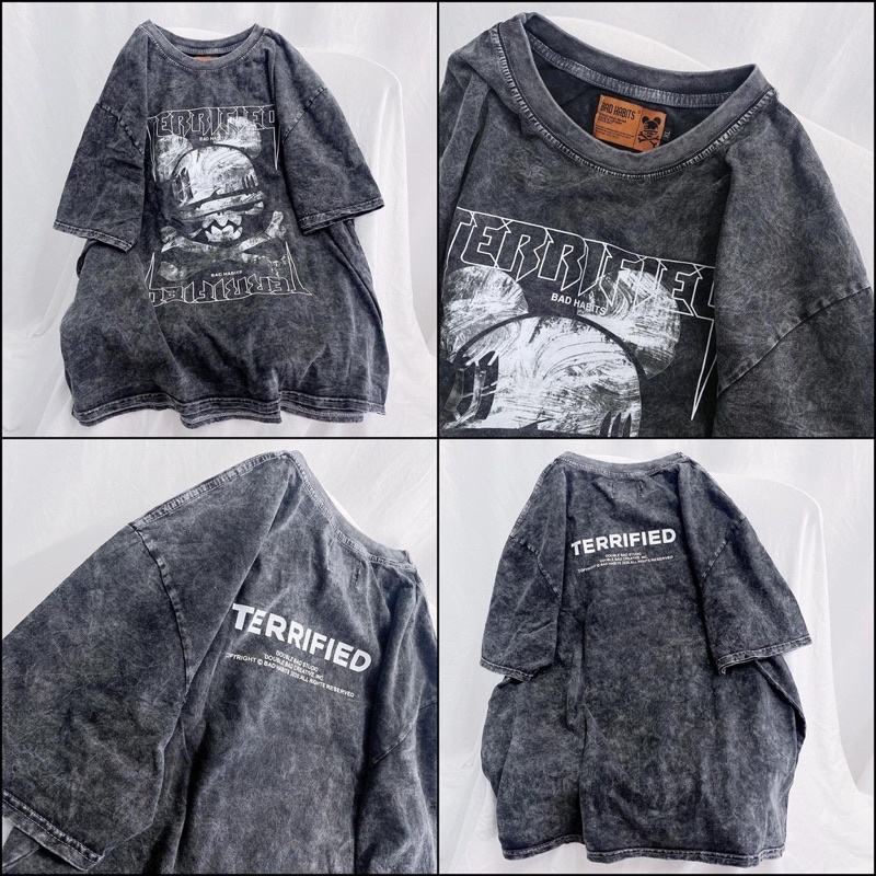Áo thun Wash vải cotton nhuộm tiedye loang màu xám in hình TERRI