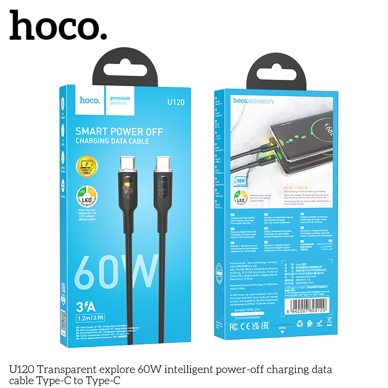 Cáp sạc nhanh tự ngắt hoco u120 type-c to type-c công suất 60w sạc nhanh 3a