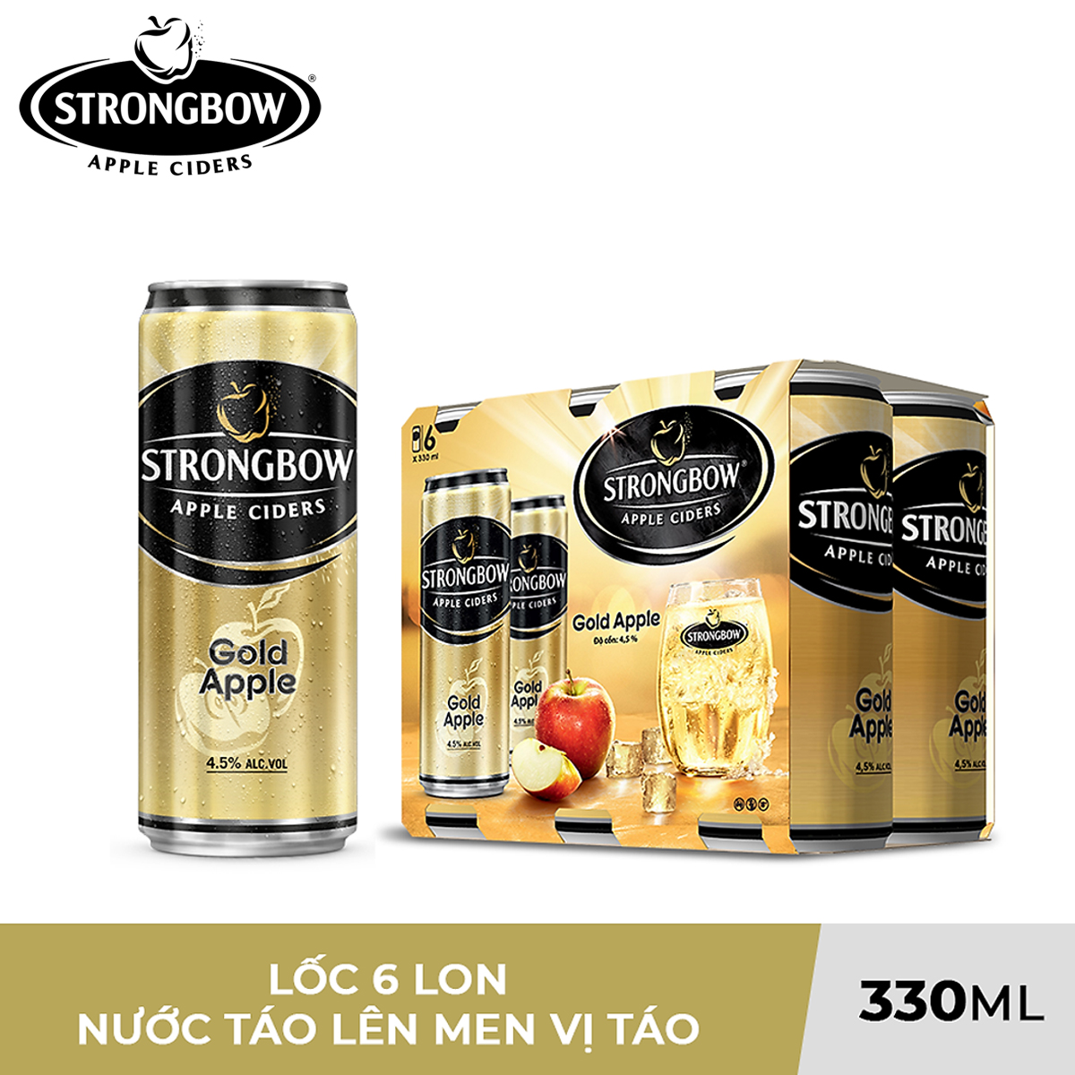 LỐC 6 LON NƯỚC TÁO LÊN MEN VỊ TÁO NGUYÊN BẢN GOLD APPLE STRONGBOW 330ML