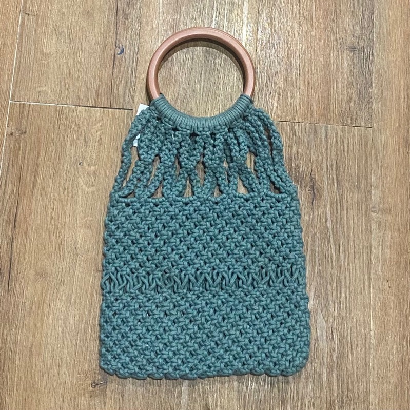 Túi cói túi xách tay cầm gỗ vintage