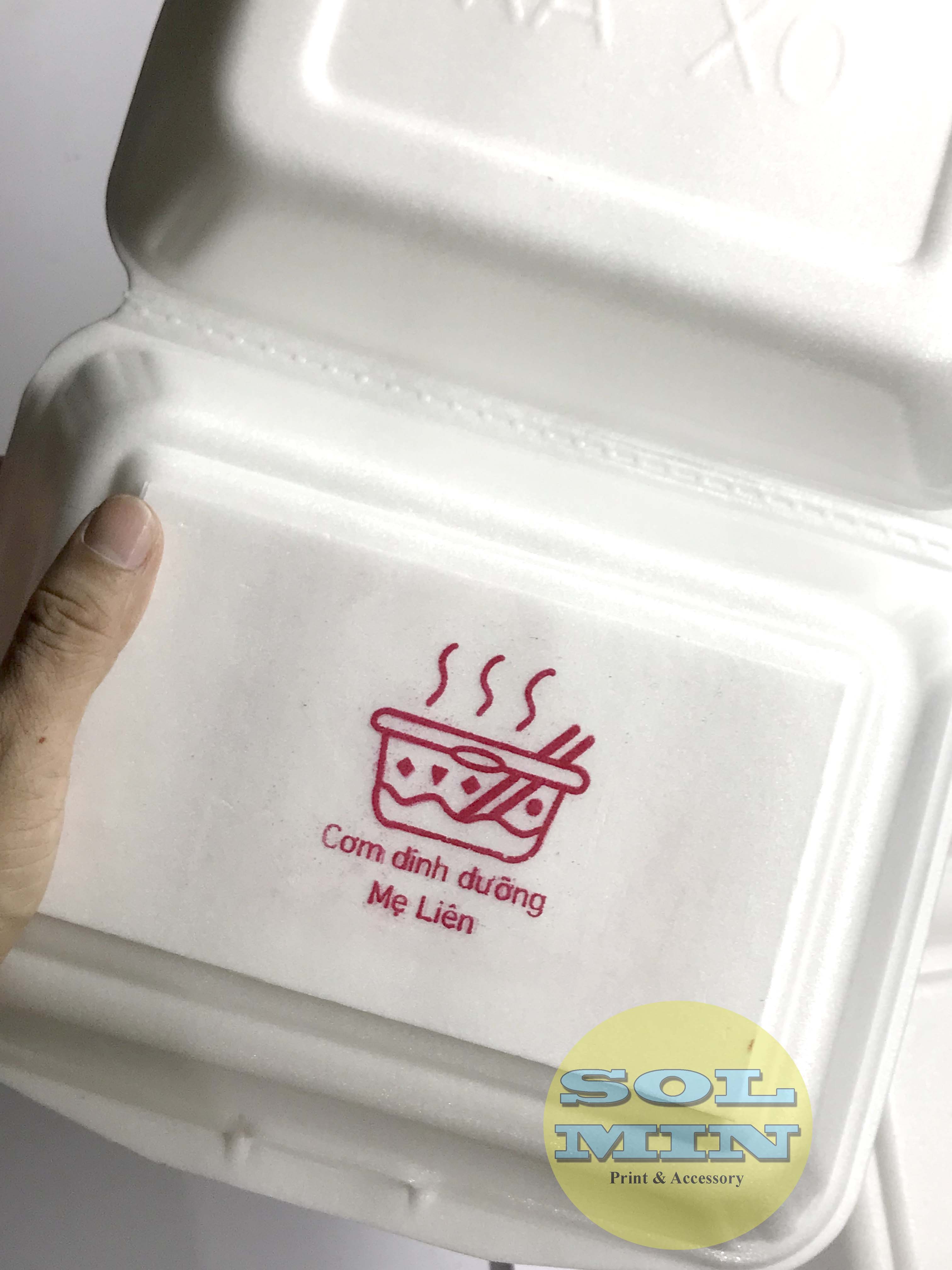Khung in lụa đã gia công logo in lên hộp cơm Foam, hộp cơm xốp, hộp xôi.