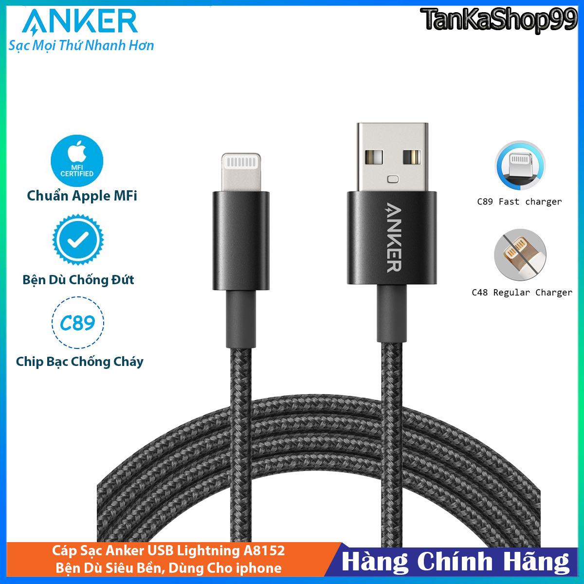 Cáp Sạc Anker Lightning A8152 Bện Dù Siêu Bền, Chuẩn MFi, Chip C89 Chống Cháy, Chiều Dài 1m Dùng Cho iphone ipad