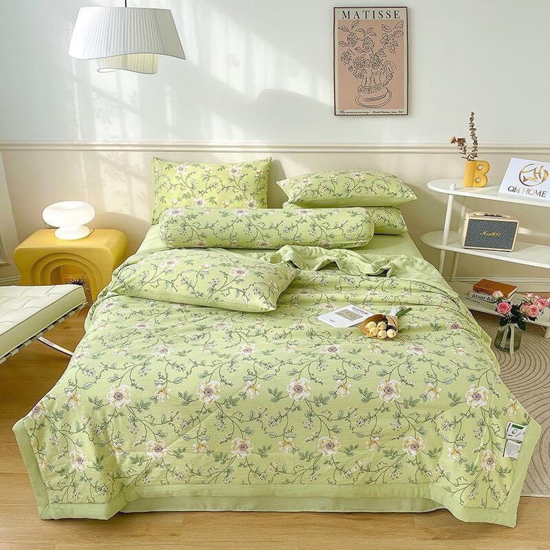 Bộ Drap cotton satin 5 món /chăn hè chần bông/ áo ôm may dây kéo.