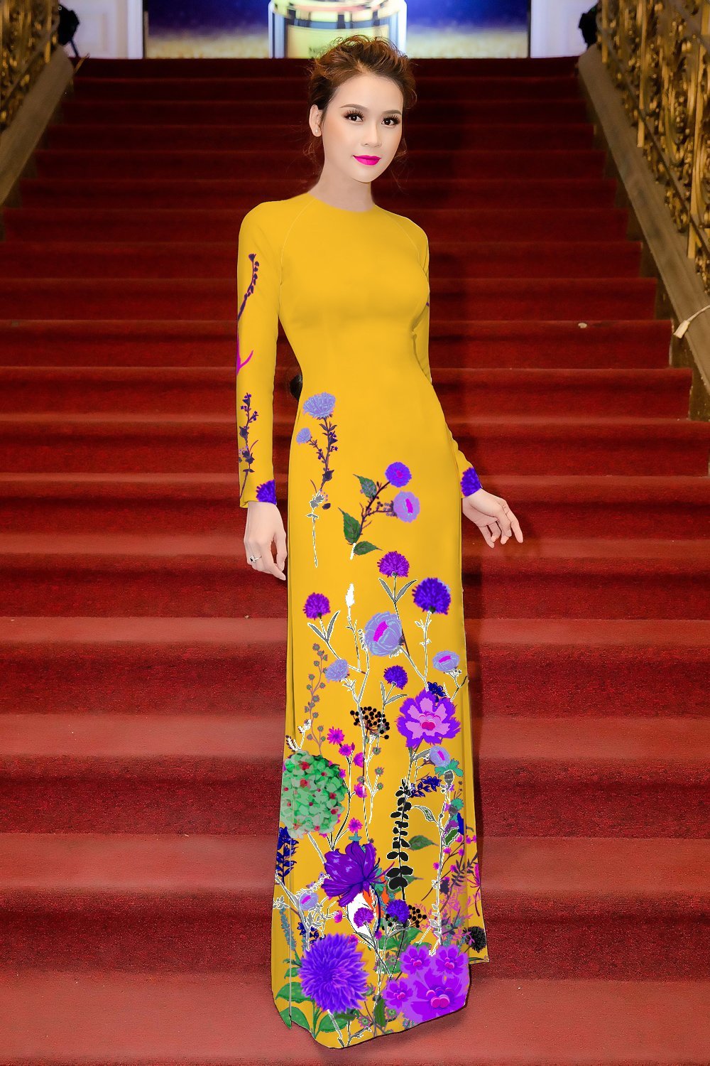 Ao dài truyền thống nữ in hoa Cẩm Chướng cao cấp - KHÔNG KÈM QUẦN