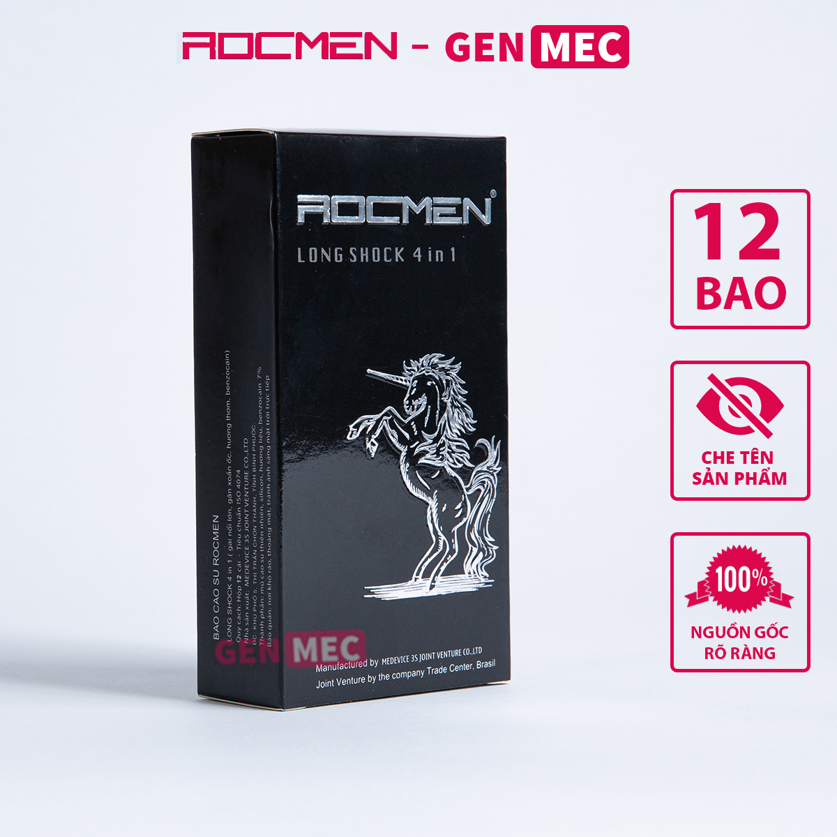 Bao cao su kéo dài thời gian - BCS ROCMEN Longshock 4in1 Màu Đen Hộp 12 Bao - Genmec