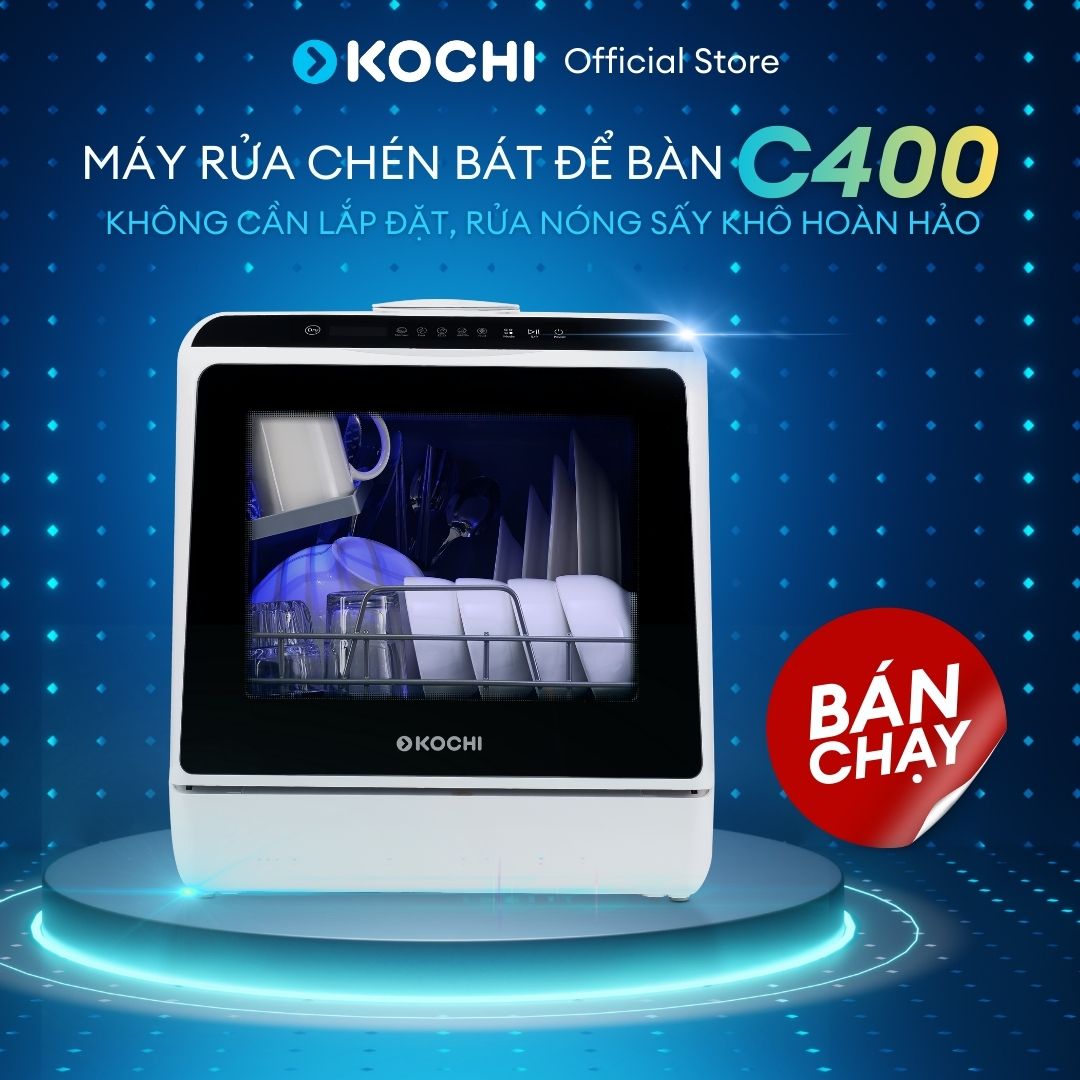 Máy Rửa Chén Để Bàn KOCHI C400 - Không Cần Lắp Đặt - Đổ Nước Trực Tiếp 5L - Dung Tích 4 Bộ - 5 Chương Trình Rửa - Sấy Nóng & Khử Trùng - Lưu Trữ 73H - Tiết Kiệm Điện & Nước - Thiết Kế Nhỏ Gọn Tiện Lợi