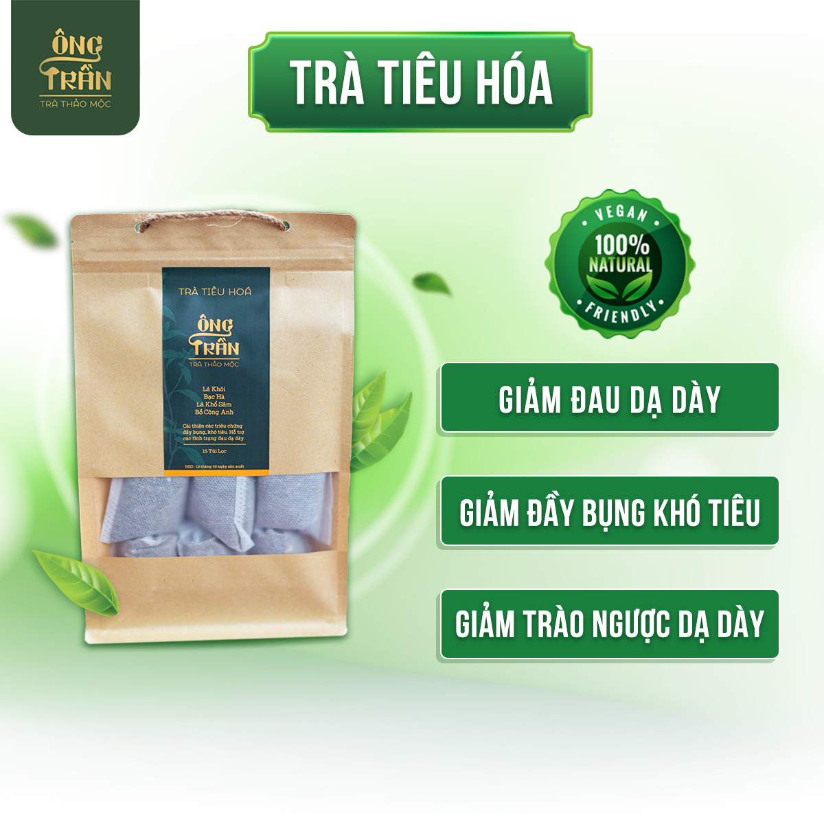 Trà tiêu hóa, giảm thiểu các chứng đầy bụng, khó tiêu, trào ngược dạ dày, đau dạ dày, trà thảo mộc , Thảo Mộc Ông Trần