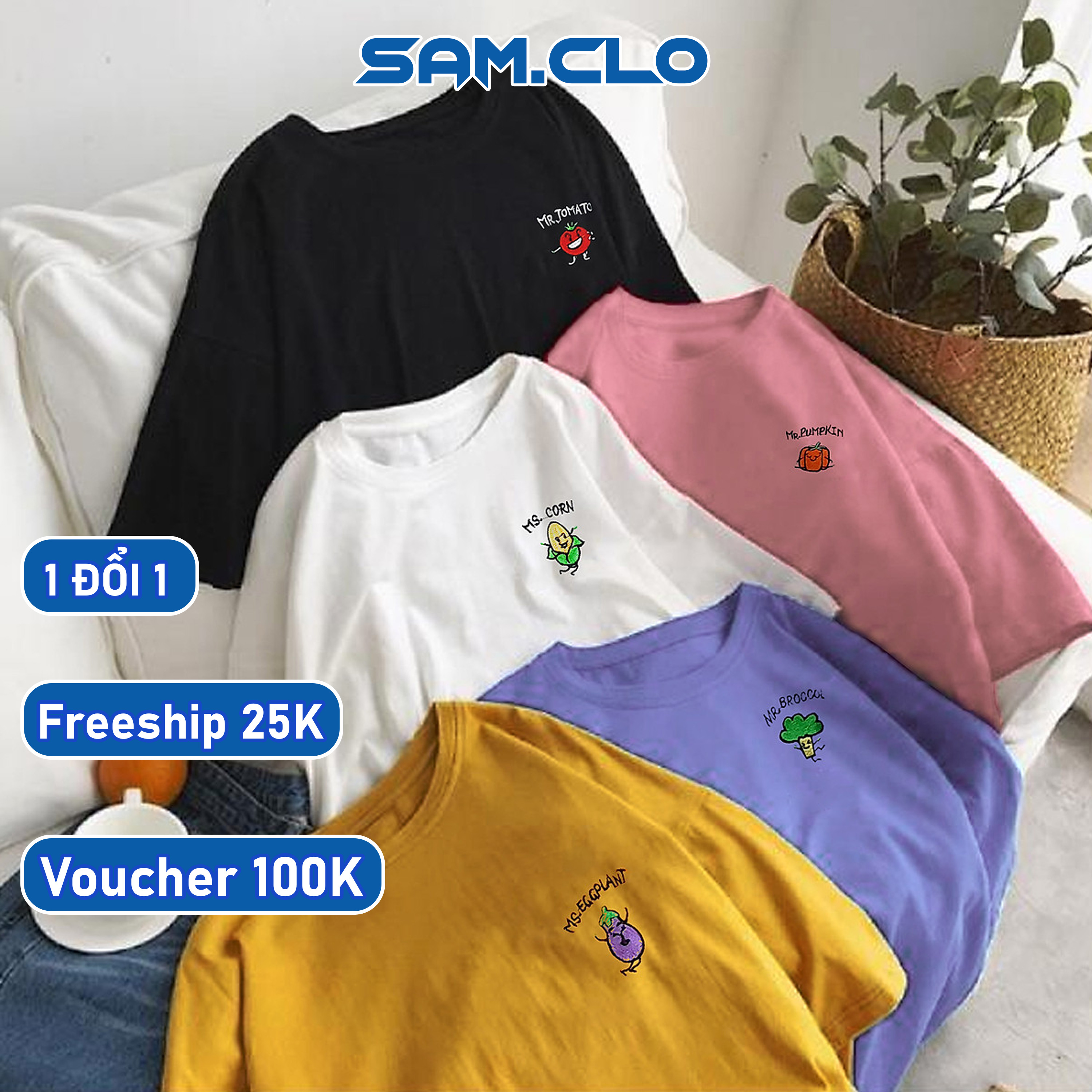 [HCM]Áo thun tay lỡ freesize nam nữ - thun phông form rộng Unisex mặc lớp nhóm cặp thêu hình rau củ quả nhiều màu