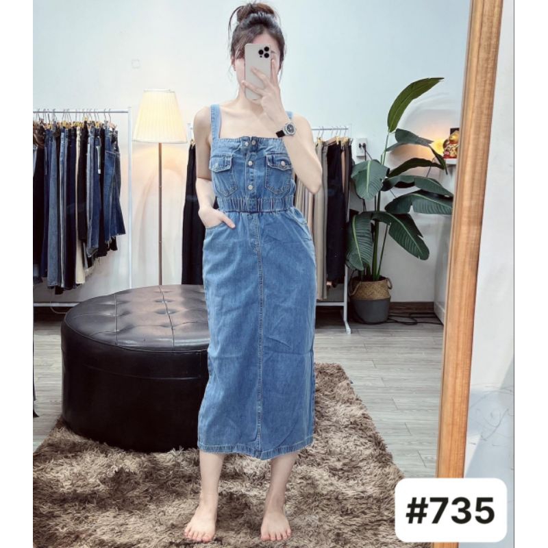 Yếm jean 2 dây bo chun eo_yếm bò dáng váy suông