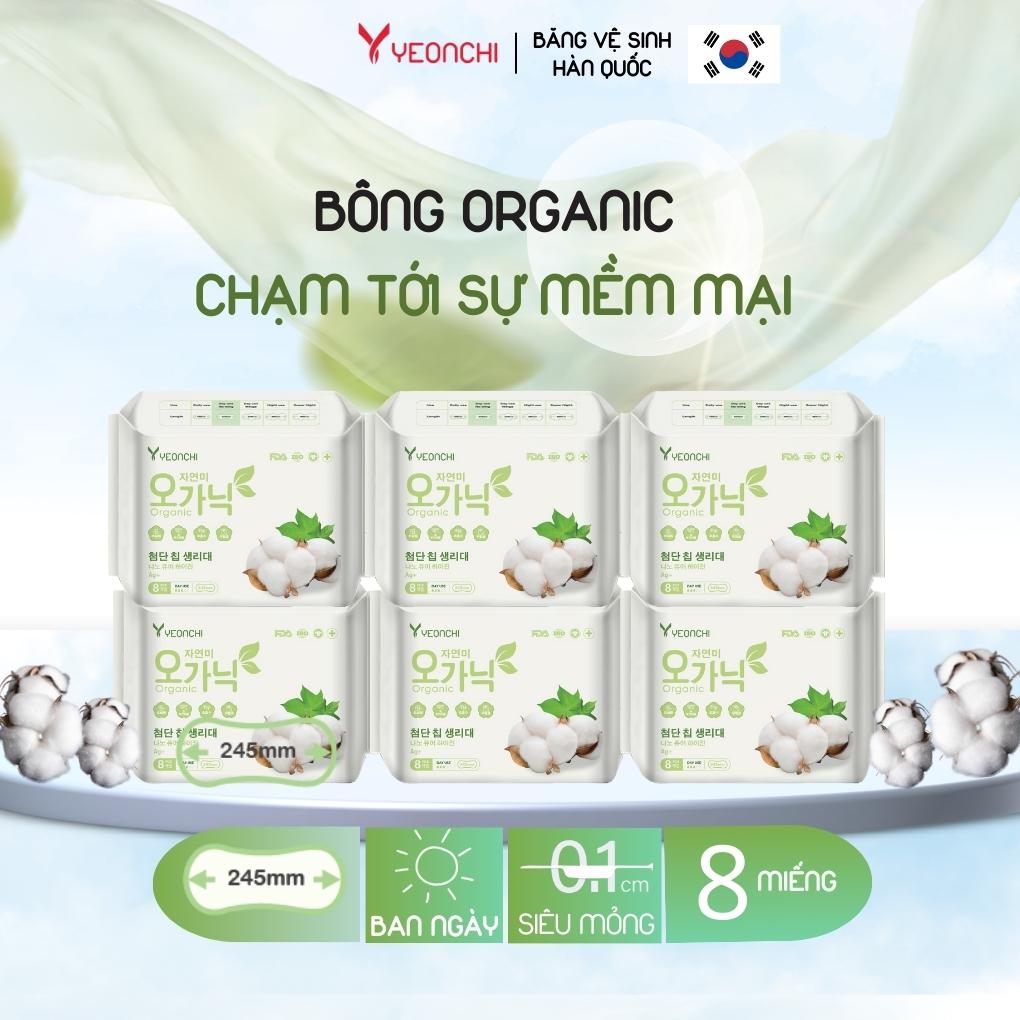 6 gói Băng vệ sinh Yeonchi Organic ban ngày KHÔNG cánh 245mm ngày sợi bông