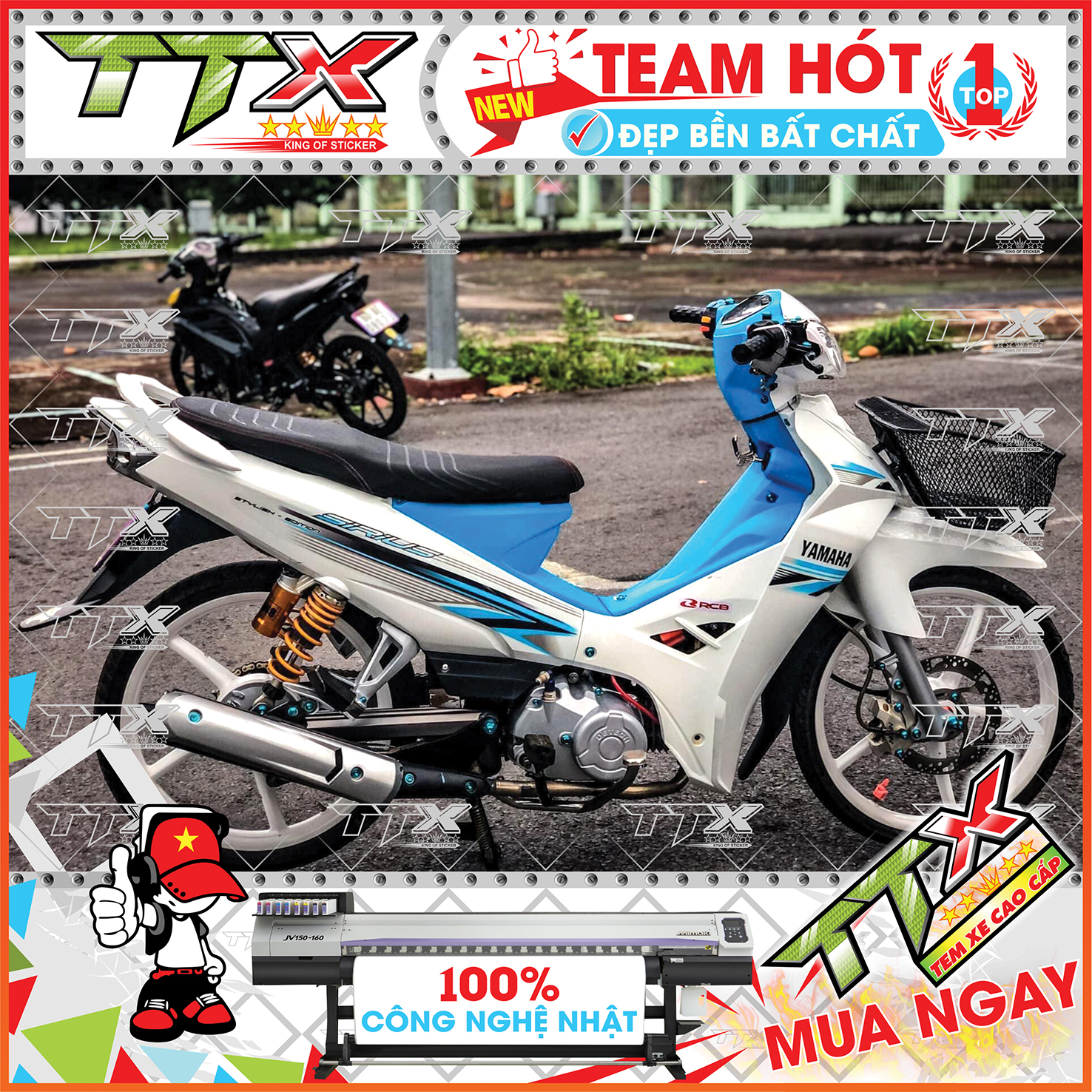 Tem rời sirius chỉ xanh , Team chế sirius dán xe màu trắng xanh siêu đẹp , Shop TTX Tem xe sirius