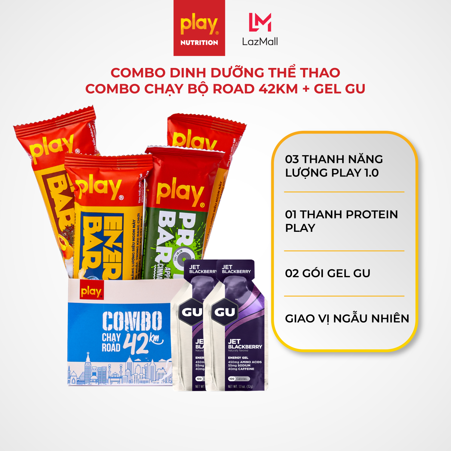 Combo dinh dưỡng thể thao - Thanh năng lượng PLAY, thanh protein PLAY, gel GU - Combo chạy bộ Road 42km