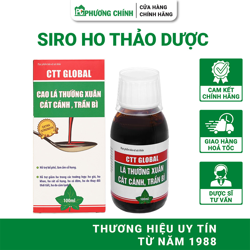 Siro Ho Cao Lá Thường Xuân Vipharco CTT Global Giúp Làm Ấm Họng, Giảm Ho, Rát Họng, Khản Tiếng 100ml