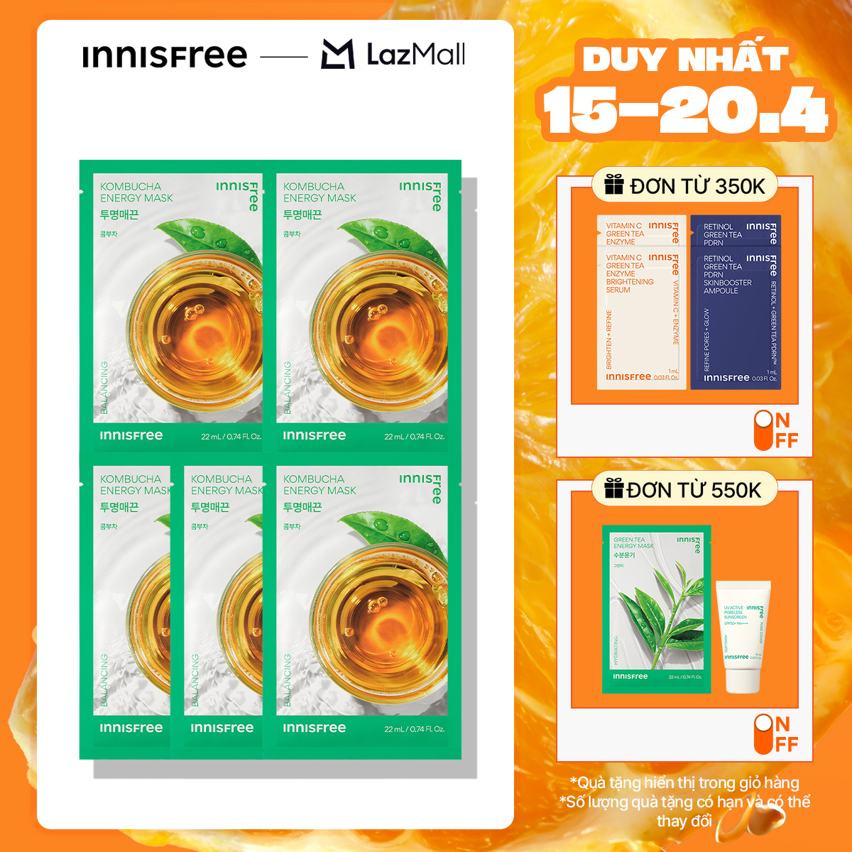 Combo 5 Mặt nạ giấy dưỡng da Hàn Quốc INNISFREE Energy Mask - Kombucha