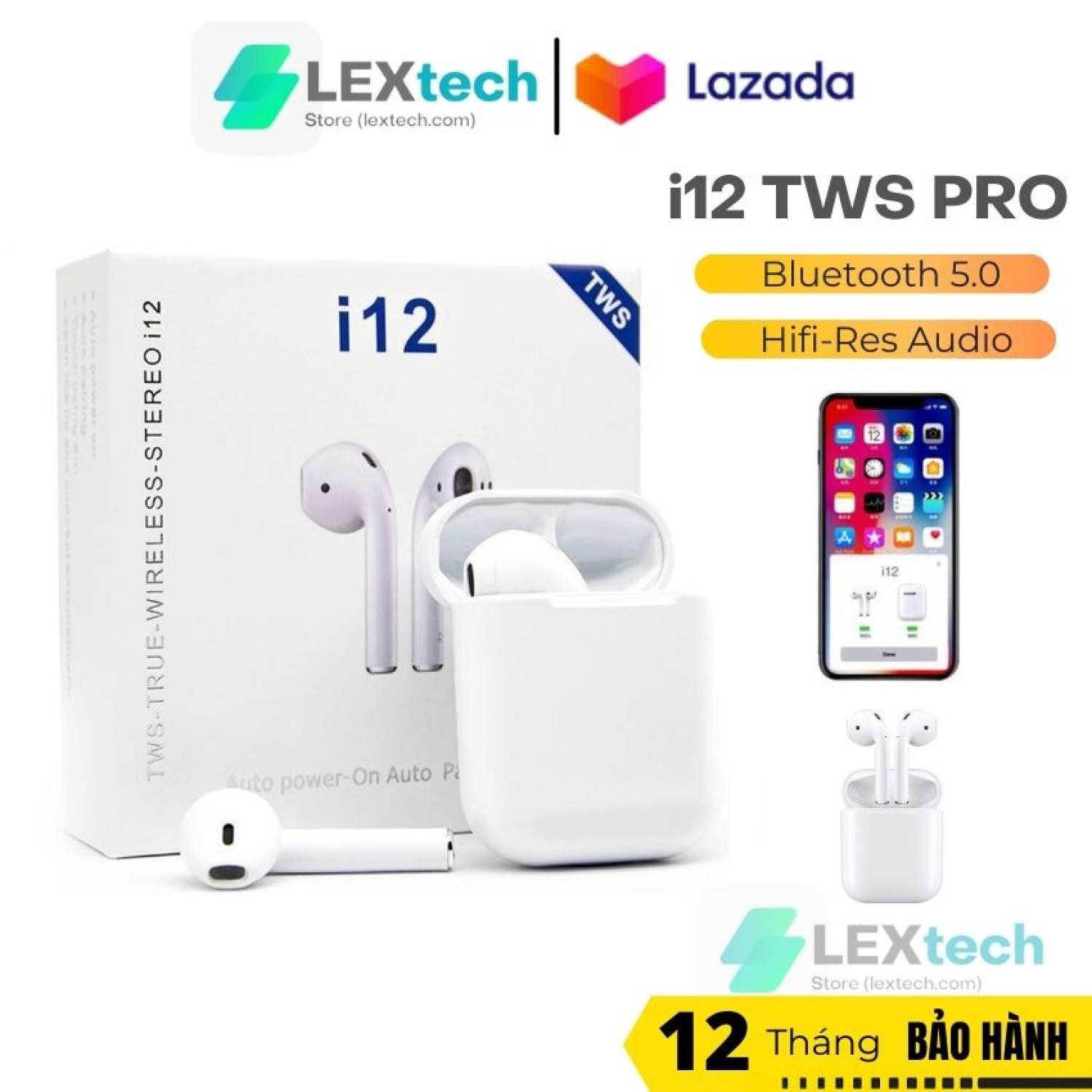 Tai nghe bluetooth i12, tai nghe không dây bluetooth 5.0, tay nghe pin trâu, âm thanh hifi cực hay tương thích với các dòng smart phone - Lextech Store