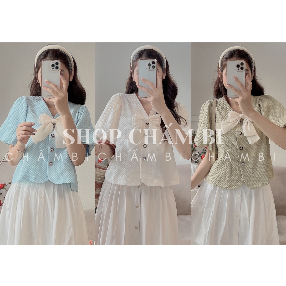 Áo sơ mi nữ tay ngắn A.462, Áo sơ mi dáng vừa tay bồng cổ V tặng kèm nơ rời tiểu thư - Shop Chấm Bi