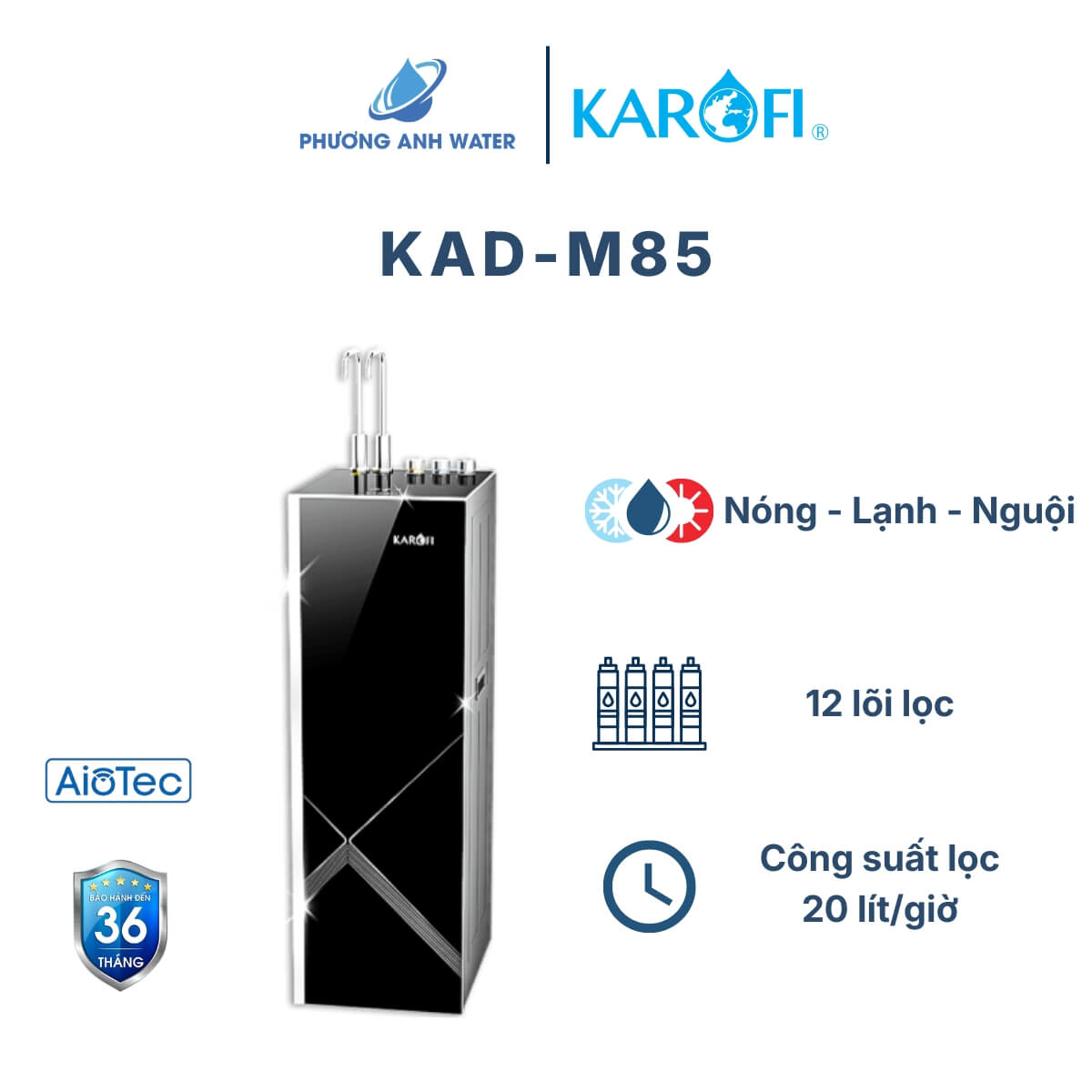 Máy lọc nước Karofi KAD-M85 thế hệ 2024, 12 lõi lọc, 3 chế độ Nóng Lạnh Nguội, tạo Hydro-ION Kiềm, công suất lọc 20 lít/giờ, bảo hành 36 tháng