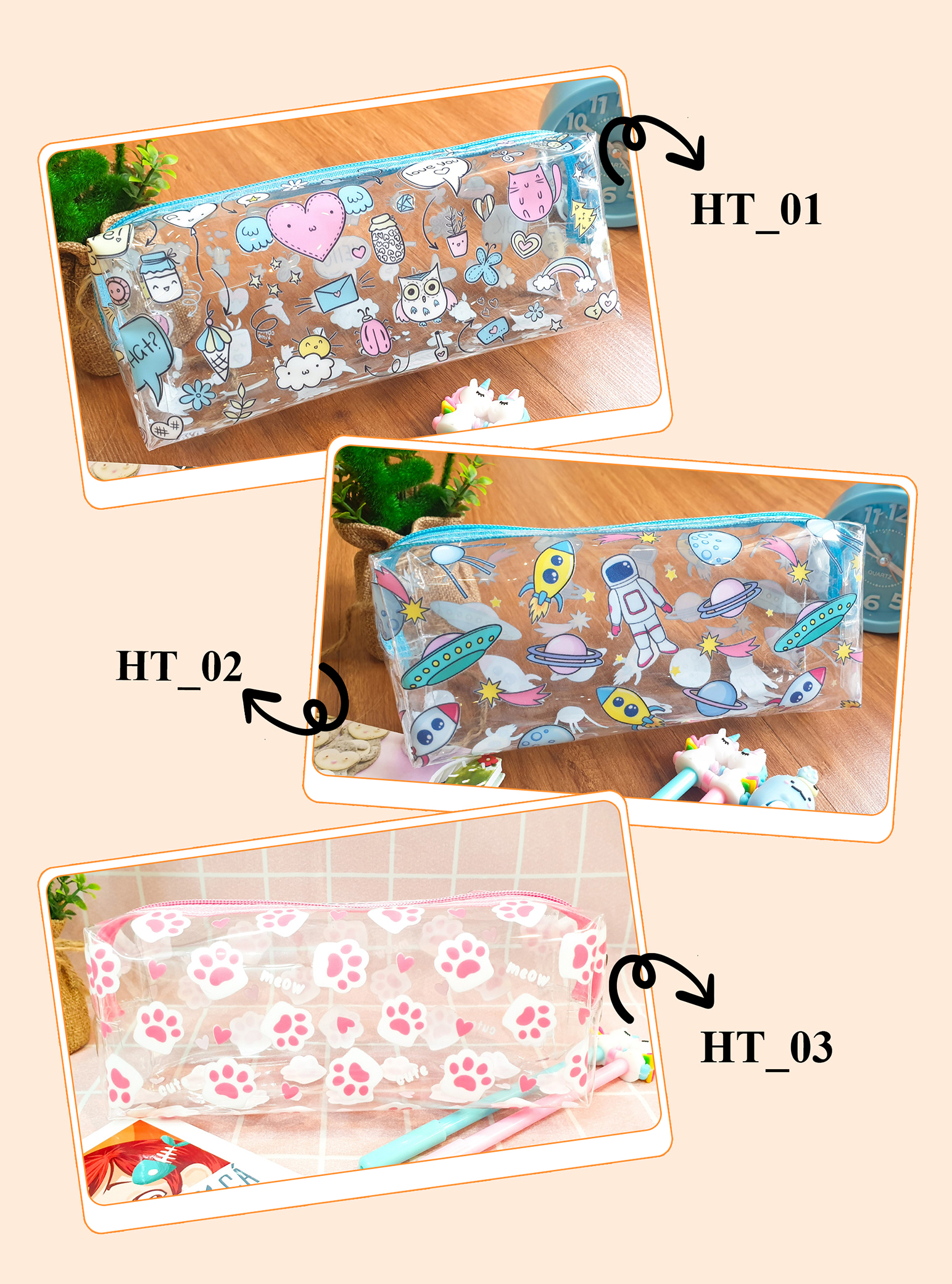 Bóp viết, hộp bút trong suốt hình HỌA TIẾT CUTE