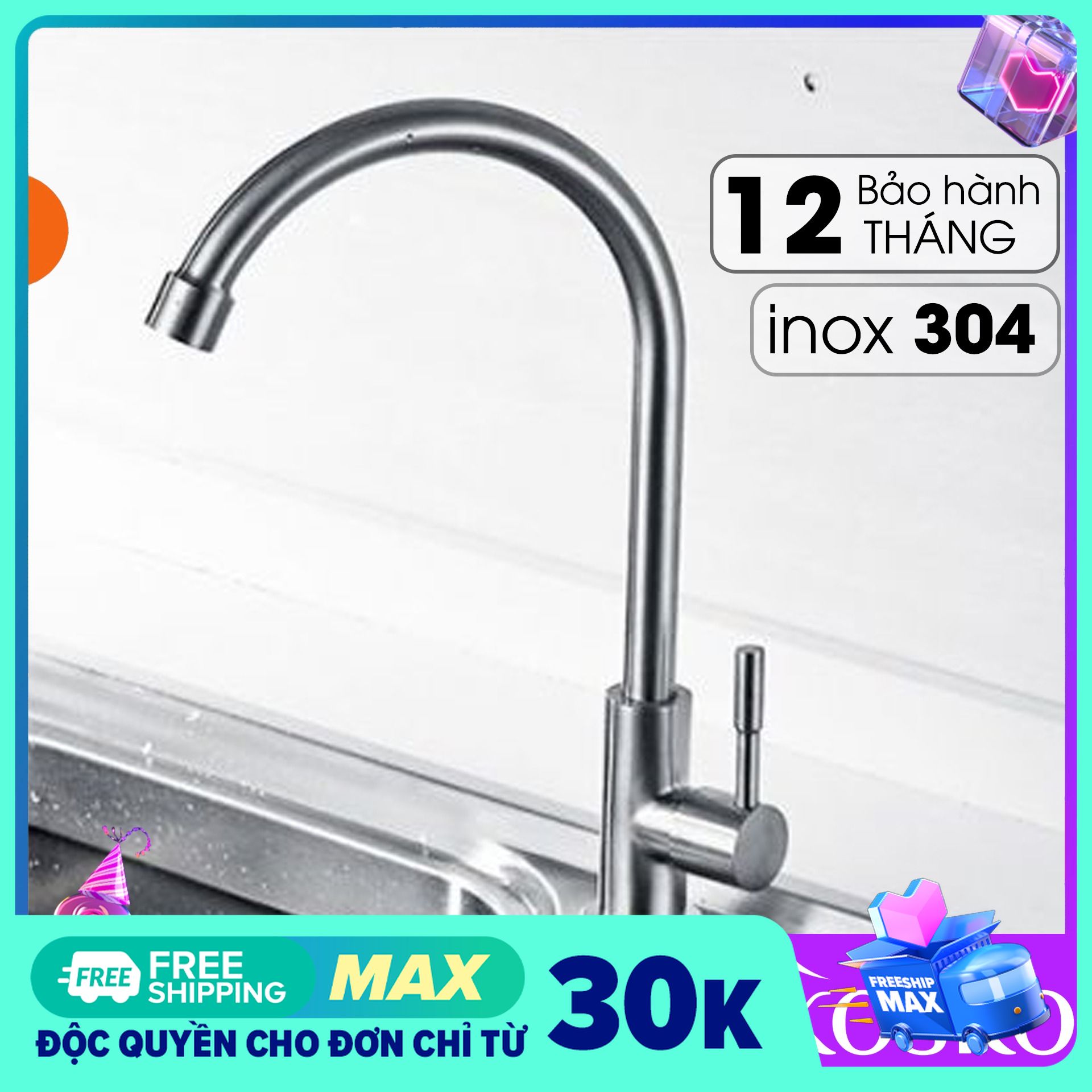 Vòi rửa bát chén inox 304 cắm chậu Lạnh Vòi rửa bát xoay 360 độ (Bảo hành 12 tháng - 1 đổi 1 trong 7 ngày) Dễ dàng lắp đặt - không cần gọi thợ