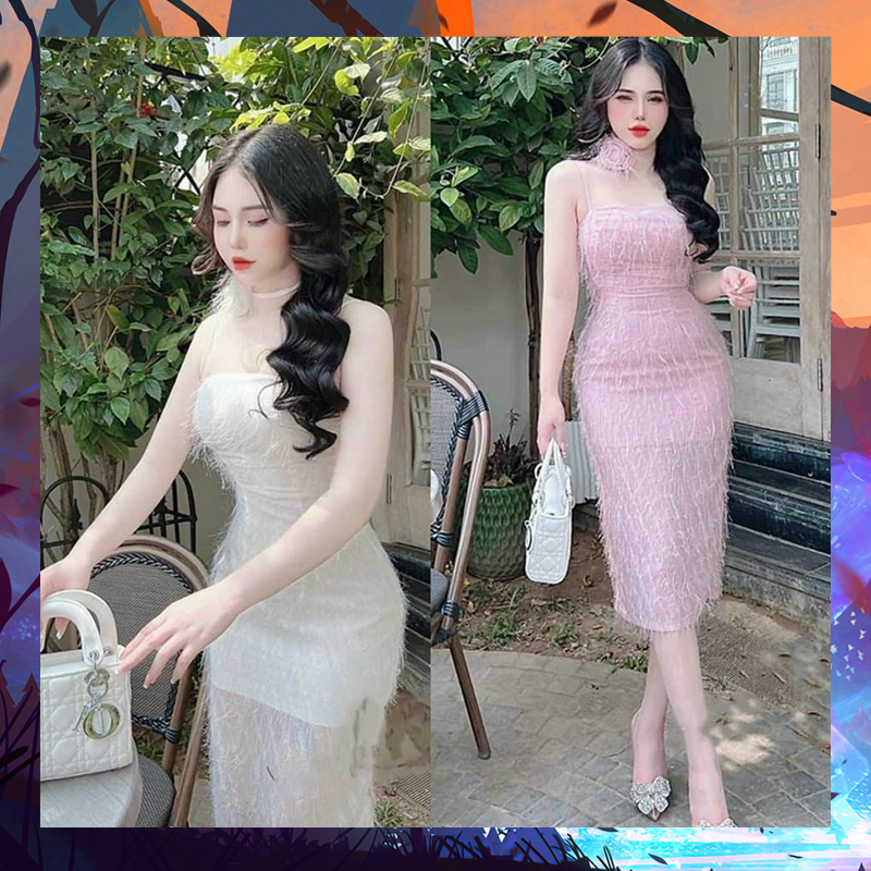 Đầm nữ ôm body lông vũ kèm hoa cuốn cổ có mút ngực - thời trang hoa anh đào