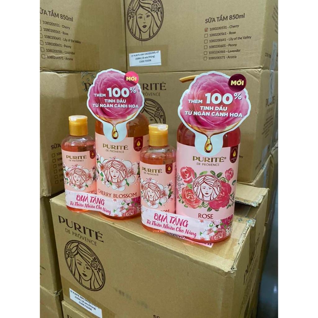Sữa tắm trắng da hương nước hoa purite anh đào,hoa hồng chai 850ml tặng chai 250ml