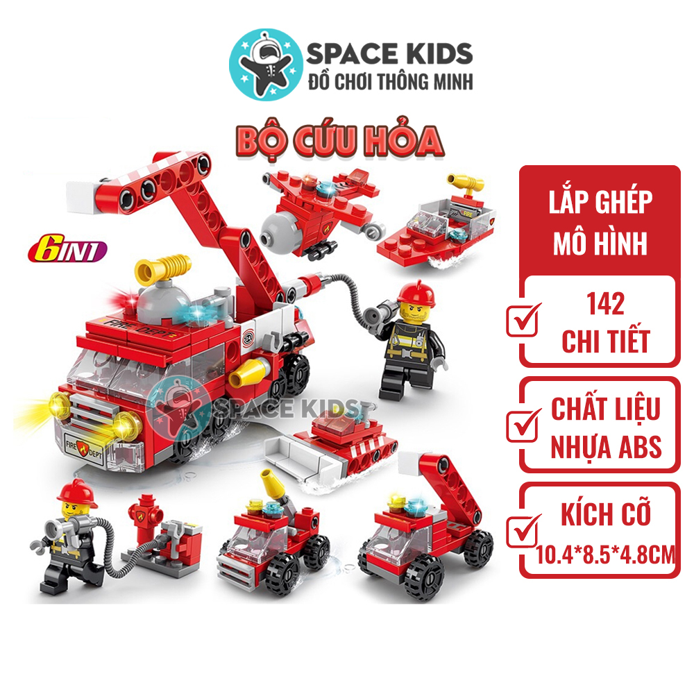 Đồ chơi trẻ em lắp ráp mô hình 6 trong 1 xe Cứu hỏa, lắp ghép xe mô hình giá rẻ Space Kids