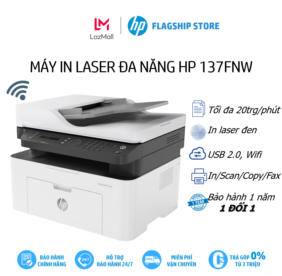 [Trả góp]Máy in đa chức năng (In copy scan fax) đen trắng HP LaserJet MFP 137fnw-4ZB84A – Hàng chính hãng