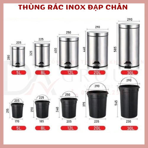 Nhiều size 5l,8l,12l,20l,thùng rác inox đạp chân, thùng rác văn phòng cao cấp