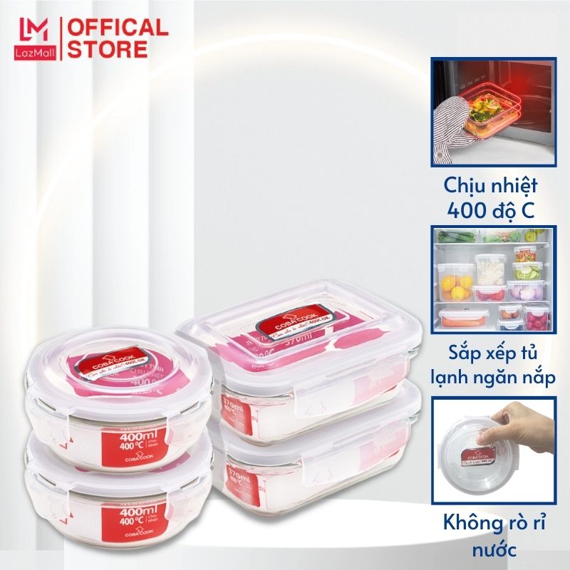 Bộ 4 hộp thủy tinh chịu nhiệt trữ thức ăn gồm: 2 hộp tròn 400ml + 2 hộp chữ nhật 370ml -ccr4l34
