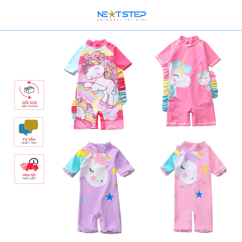 HOÀN TIỀN 20% - [HCM]Đồ bơi bé gái liền thân họa tiết ngựa Kỳ lân size cho bé từ 9kg đến 25kg