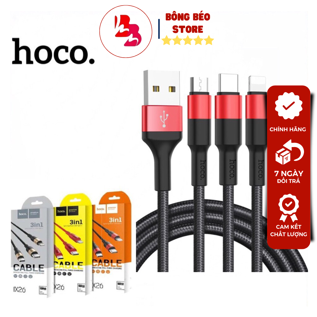 Cáp sạc cao cấp hoco x26 3 cổng lightning, micro và type-c: dây chống đứt, chống rối, hỗ trợ sạc nhanh