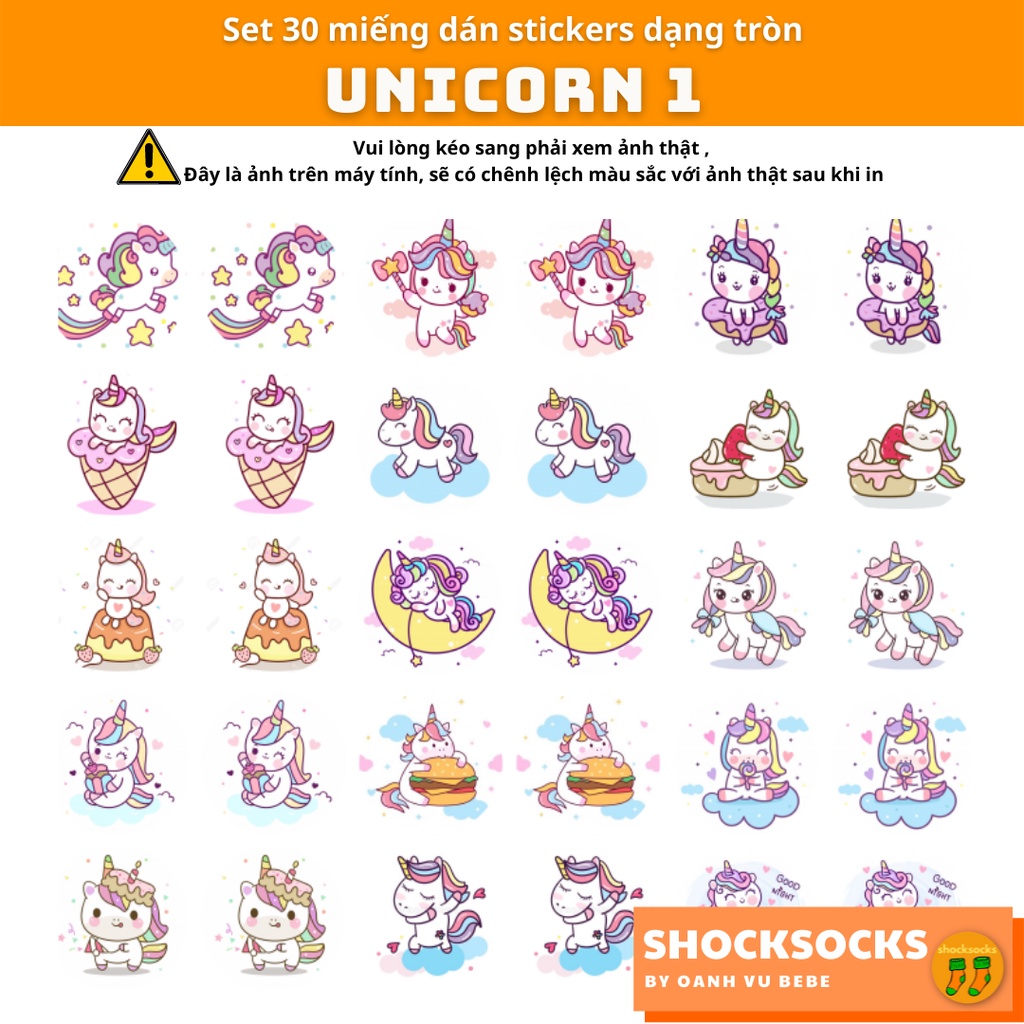 30 miếng dán stickers hình unicorn