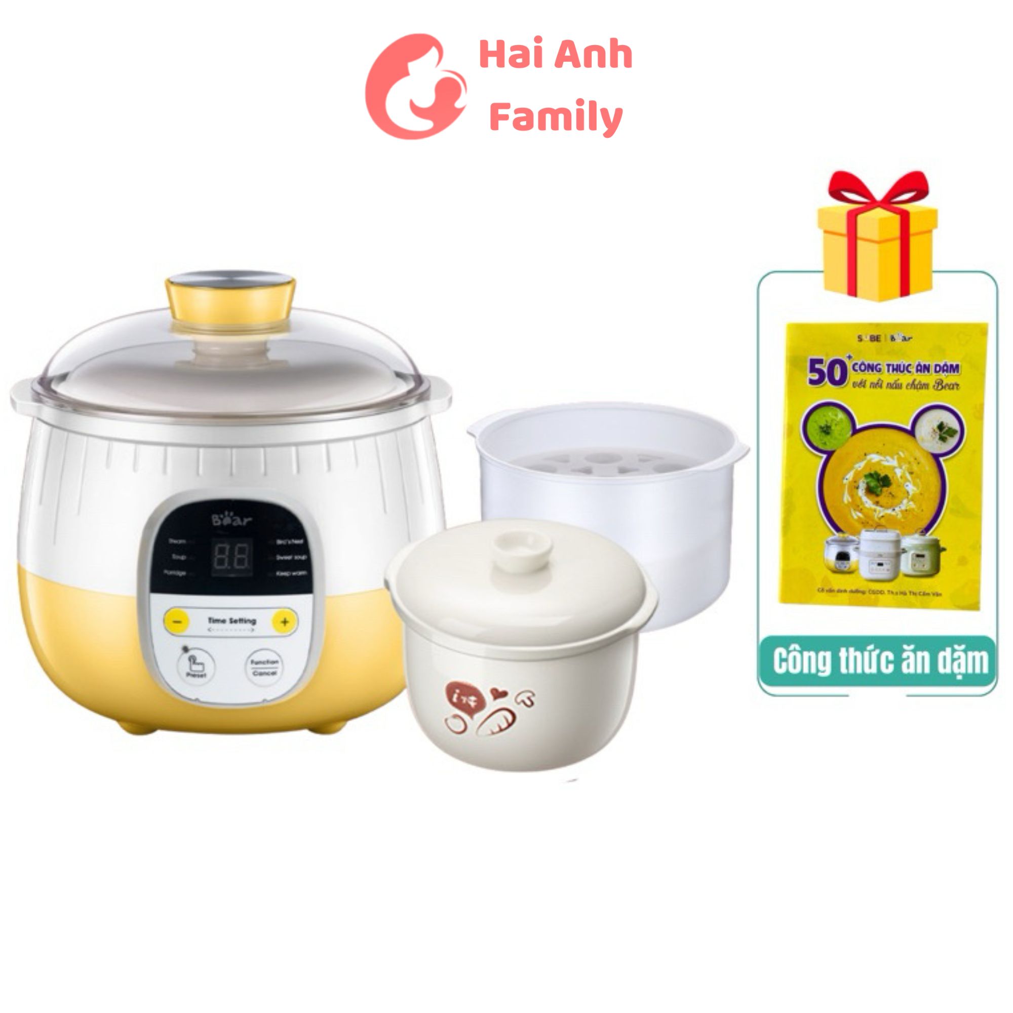 Nồi nấu cháo chậm Bear 0,8L bản quốc tế có lồng hấp