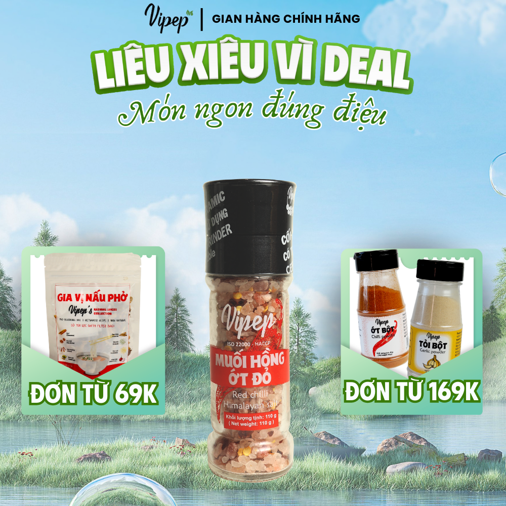 Muối hồng himalaya ớt đỏ tự nhiên cối xay vipep hũ thủy tinh 110g - gia vị vipep