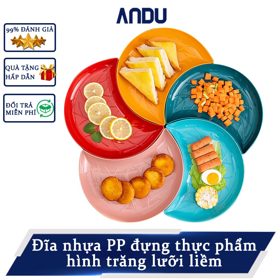 Set 5 Đĩa Nhựa Hình Bán Nguyệt Nhiều Màu Để Đồ Ăn Nhanh, Trái Cây