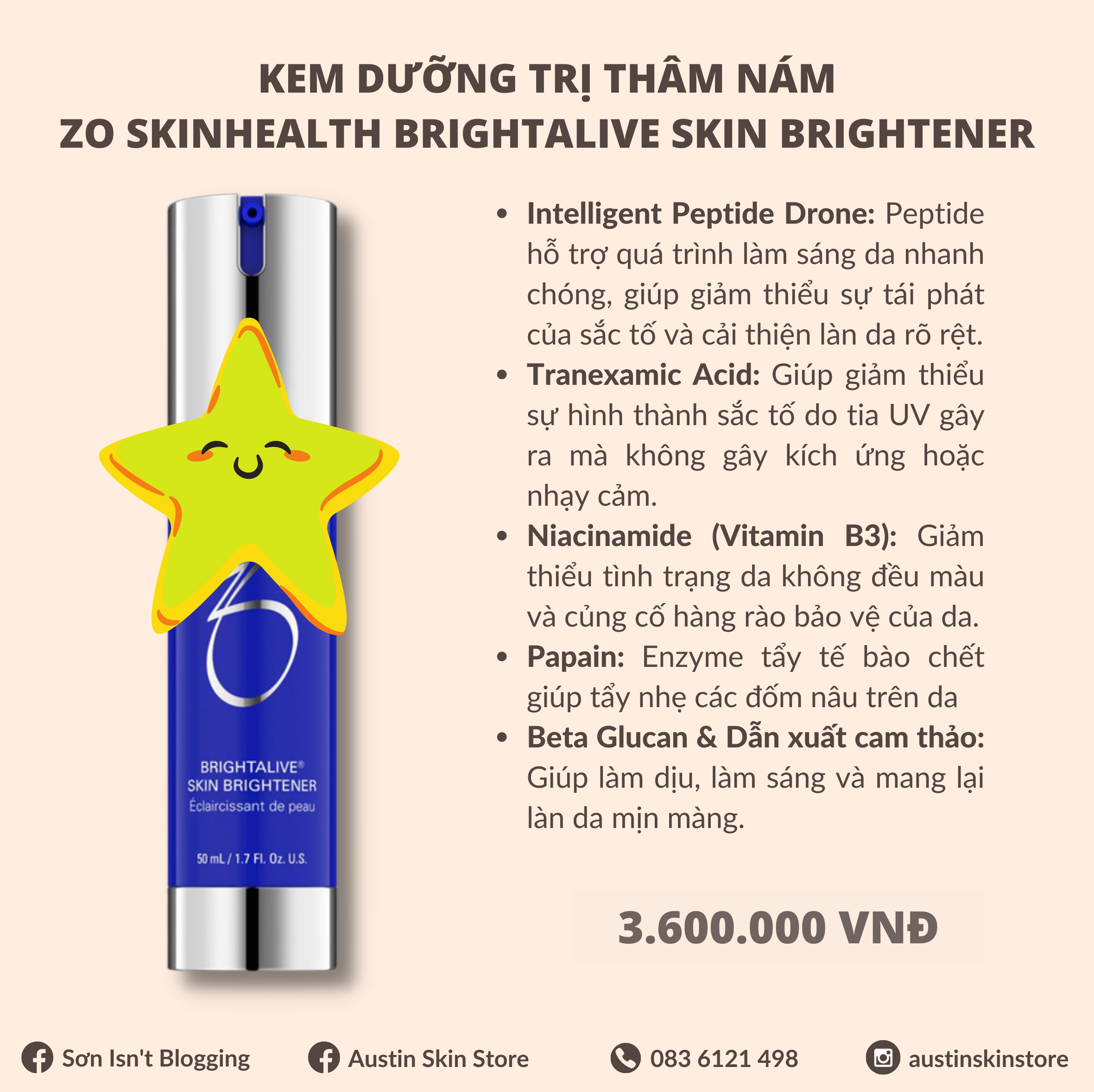 Kem dưỡng mờ thâm nám bright-alive của zô skin!?health 50ml