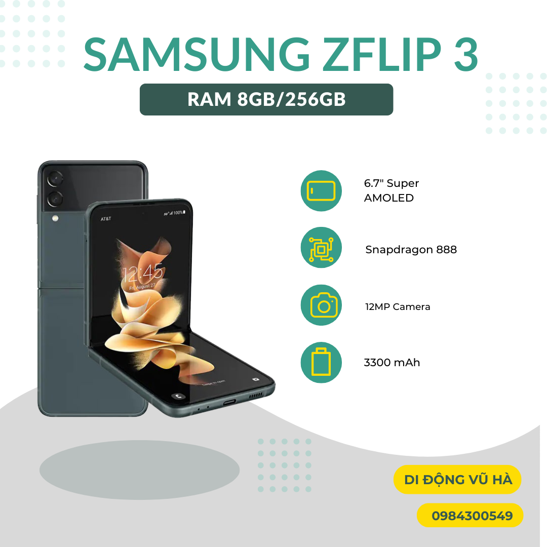 Điện Thoại Samsung Z Flip 3 5G  Bản Mỹ 2 sim ram 8/128 Snap 888 máy đẹp bao zin