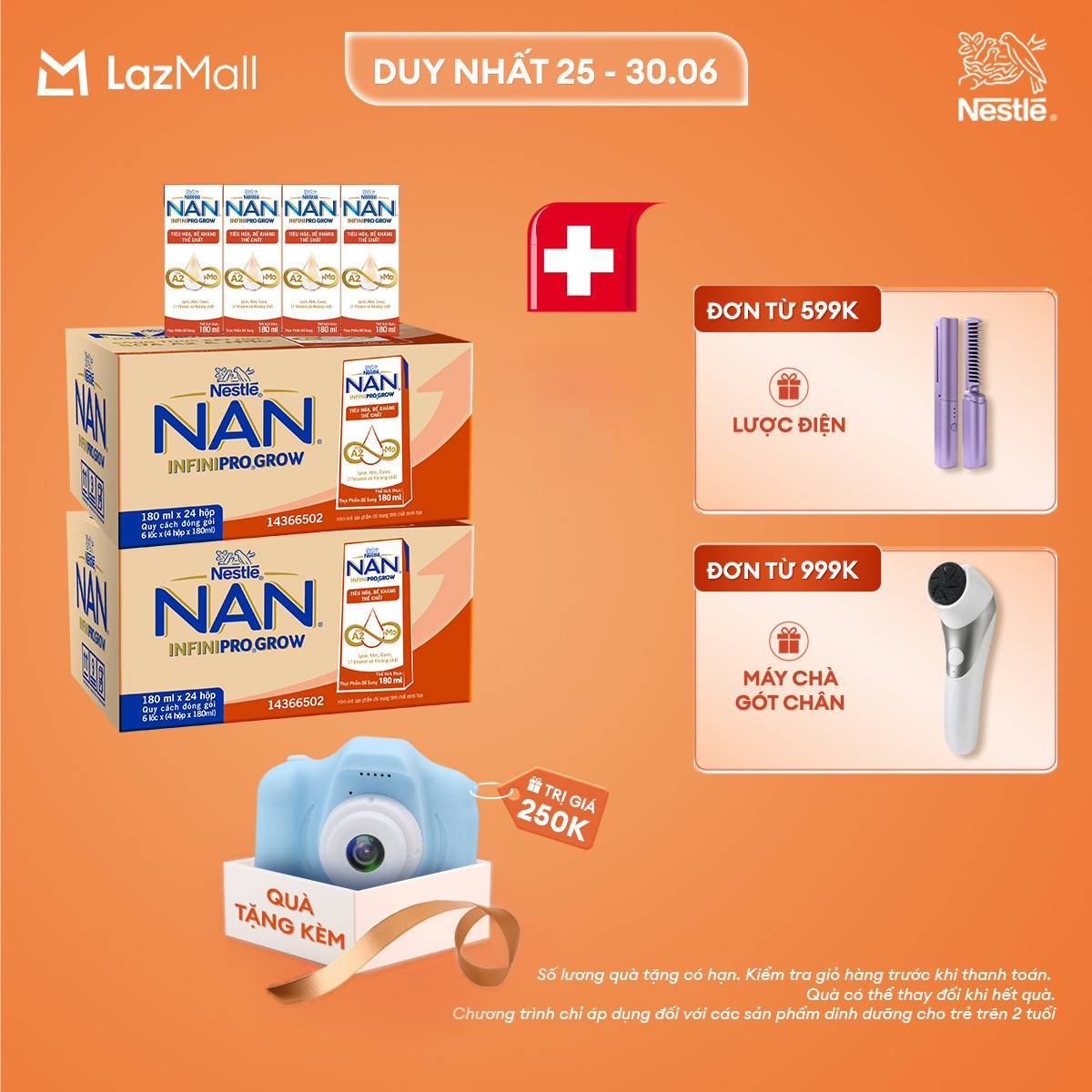 [Chỉ 25-30.06 QT Đơn 599K/999K][Tặng máy chụp ảnh] Combo 2 Thùng 24 hộp sữa pha sẵn Nestle NAN INFINIPRO GROW với công thức vượt trội kết hợp sữa A2 và HMO hỗ trợ tiêu hóa, đề kháng và phát triển thể chất (4x180ml)