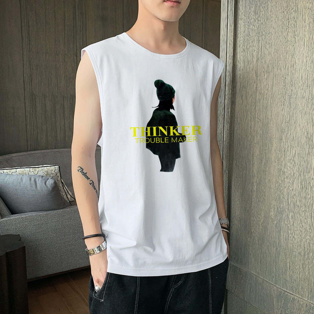 Áo thun ba lỗ nam in họa tiết chữ thinker thời tràng cực hot - snn67