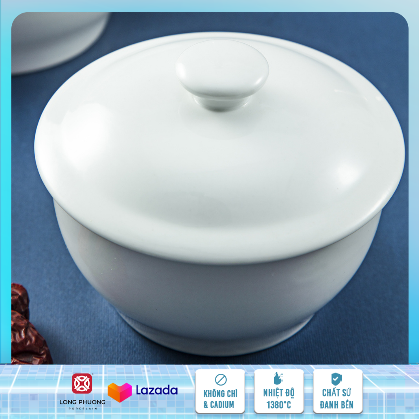 Thố tiềm - Thố hầm thức ăn, thố chưng, bát hầm thức ăn, bát chưng bằng sứ trắng Long Phương cao cấp